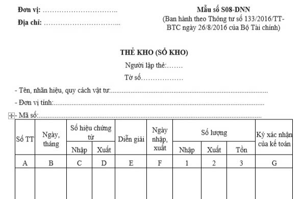 Mẫu thẻ kho theo Thông tư 133 của Bộ Tài chính
