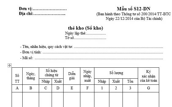 Mẫu thẻ kho theo Thông tư 200 của Bộ Tài chính